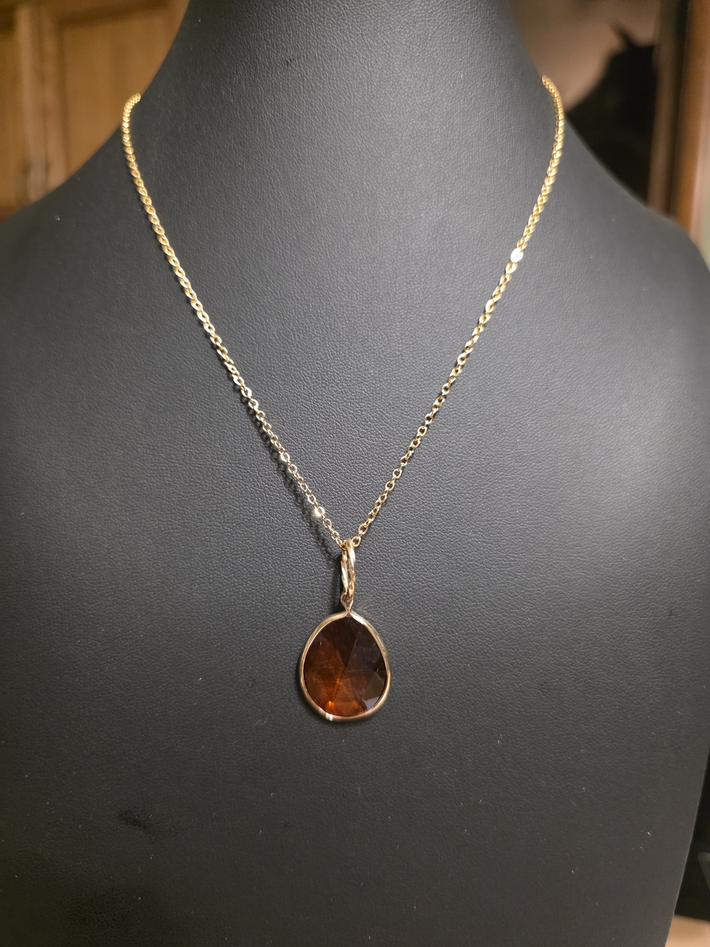 #278 Gold Chain Necklace with Amber Brown Teardrop Pendant - Women Jewelry